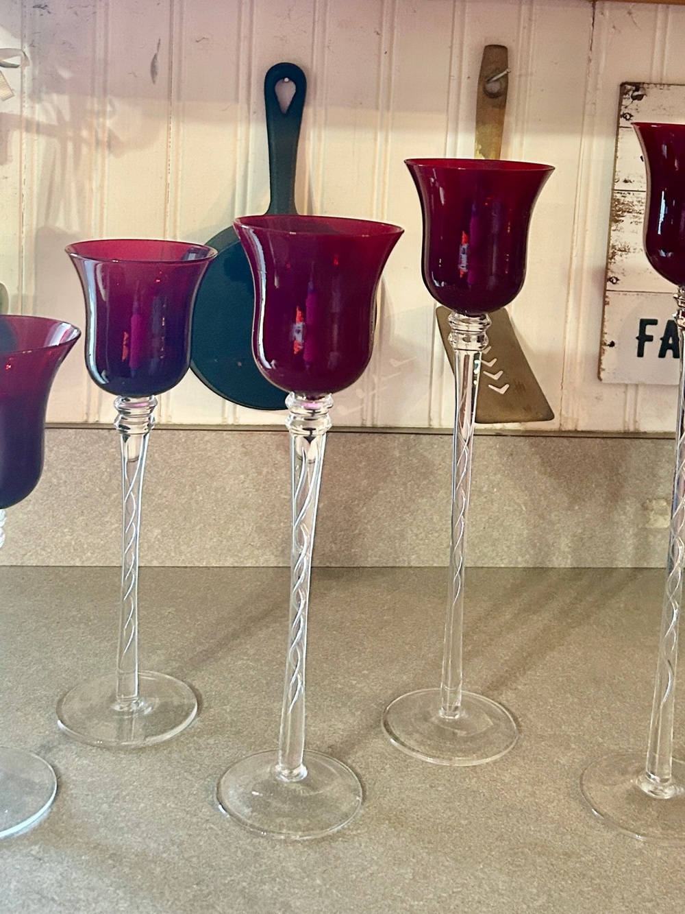 Set of 5 Red Glass Tulip Candle Holders with Clear Twisted Stems